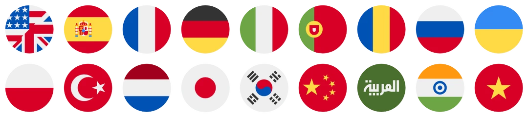 Flags of the languages Wordstay is preparing, including English, Spanish, French, German, Italian, Portuguese, Romanian, Japanese, Korean, Chinese and Arabic.